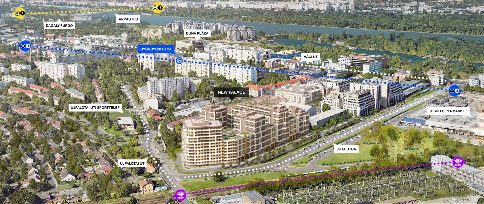 A New Palace lakópark elhelyezkedése és közlekedési kapcsolatai